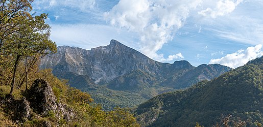 Krn (2244 m) seen from Tonovcov Grad in the Municipality of Kobarid, Goriška, Slovenia