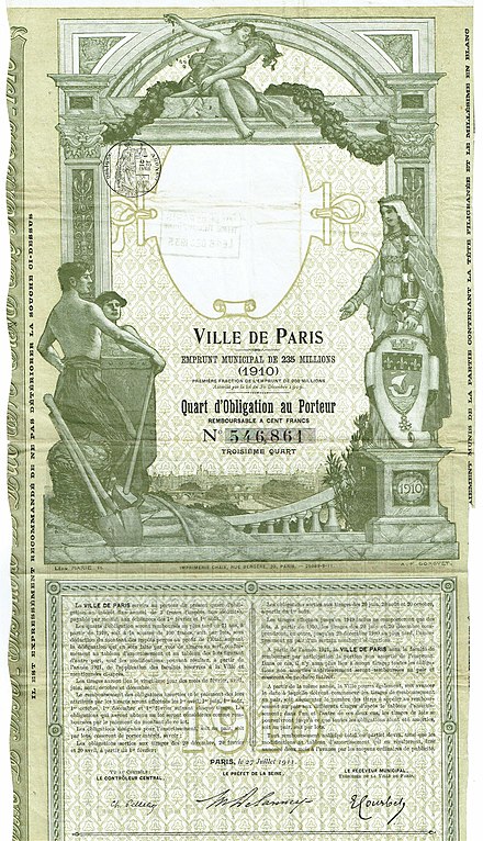 Quart d'Obligation de la Ville de Paris en date du 27 juillet 1911.