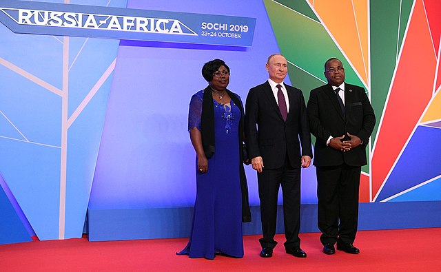 Prime Minister of Gabon Julien Nkoghe Bekale and Russian President Vladimir Putin at the Russia-Africa Summit in Sochi in Russia in October 2019