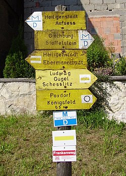 Wandelmarkeringen op de Frankenweg bij Giechburg