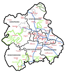 A map of the West Midlands region, showing Towns/Cities in Red, Motorways in Blue, AONBs in Light Green and National Parks in Dark Green. WestMidlandsRegion.jpg