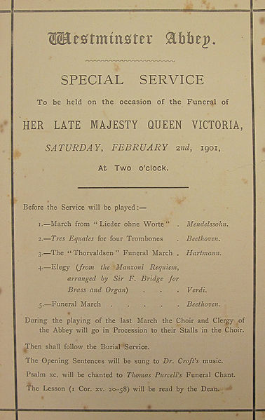 Memorial services were held at churches across the country to coincide with the state funeral; this is the order paper for a "Special Service" at West