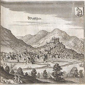 Wolfstein, from an engraving by Matthaus Merian in his Topographia Palatinatus Rheni et Vicinarum Regionum WolfsteinasengravedbyMerian.jpg