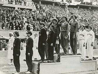 Women's 4 × 100 Metres Relay, Medal Presentation, 1936 Summer Olympics, Berlin, Germany, August 1936.jpg