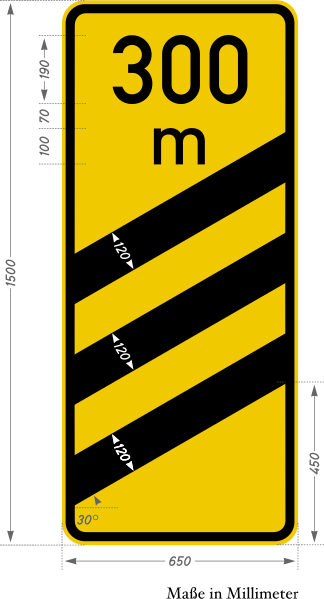 File:Zeichen 450-55 - Ankündigungsbake dreistreifig (300 m, gelb) StVO 2013.svg