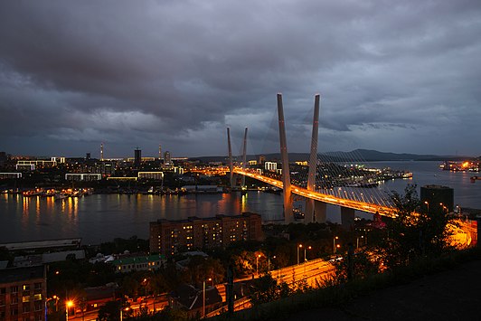 View of Zolotoy Bridge and the Golden Horn Bay at night