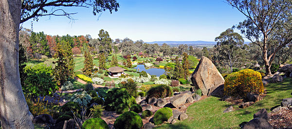 Panoramic view from Cowra Mountain at the Cowra Japanese Garden. The view takes in the gardens and the plains of the Cowra Shire across to the nearby 