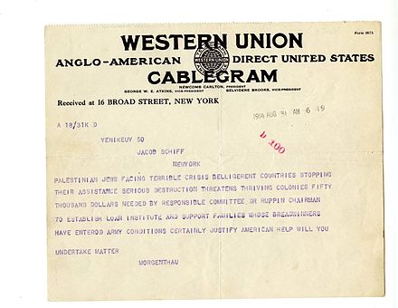 The 1914 telegram that prompted the establishment of the Joint Distribution Committee.