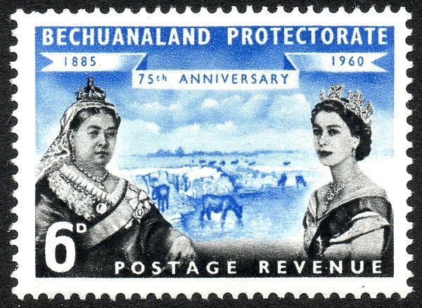 1960 stamp of Bechuanaland Protectorate with the portraits of Queen Victoria and Queen Elizabeth II