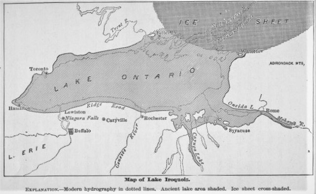 As the Laurentian Glacier retreated, it blocked the outflow of Glacial Lake Iroquois. Instead of flowing down the St Lawrence Valley it flowed down th