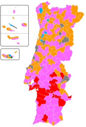 Most voted parties/coalitions in each Municipality.
Municipalities won by:
# - PS: 148
# - PSD: 114
# - CDU: 19
# - CDS-PP: 6
# - JPP: 1
# - LIVRE: 1
# - Independents: 19 2021 Portuguese local election results by municipality map.png