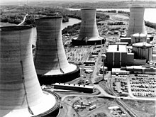 Three Mile Island Nuclear Generating Station consisted of two pressurized water reactors manufactured by Babcock & Wilcox, each inside its own containment building and connected cooling towers. Unit 2, which suffered a partial core melt, is in the background. 3MileIsland.jpg