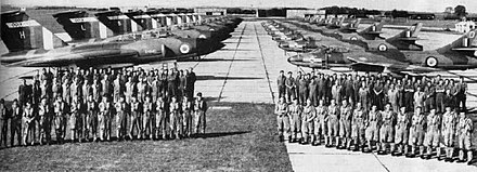 Personnel of 64 Squadron in front of their Gloster Javelin FAW.7 at RAF Duxford in 1959. 64SqnRAF Duxford NAN3 60.jpg