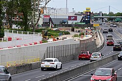 The temporary roadway alongside the new Castle Street-Mytongate retaining wall of the A63, Kingston upon Hull. A sliproad is likely to be built here, while a road will be dug to create an underpass further to the right of this current alignment.