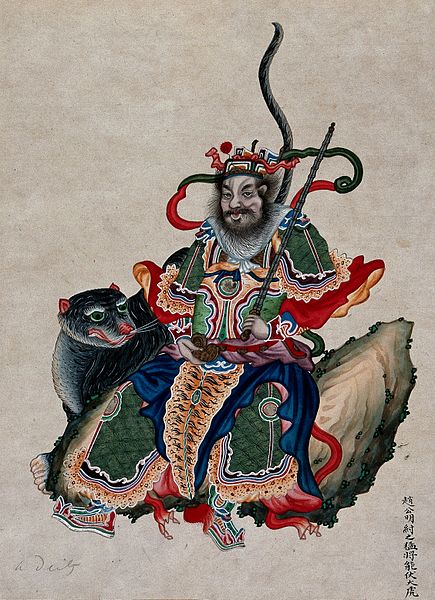 File:A Chinese deity with sword accompanied by a tiger. Gouache Wellcome V0047141.jpg