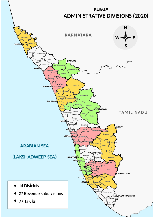 Kerala administrative divisions; Map based on 2020 Administrative Divisions of Kerala (2020).svg