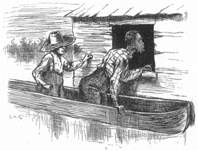 boy and man in boat; man looking into window of house