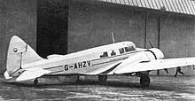 Airspeed Consul of Lancashire Aircraft Corporation at Manchester in 1950 on scheduled service to London (Northolt) Airspeed Consul G-AHZV at Manchester 1950.jpg