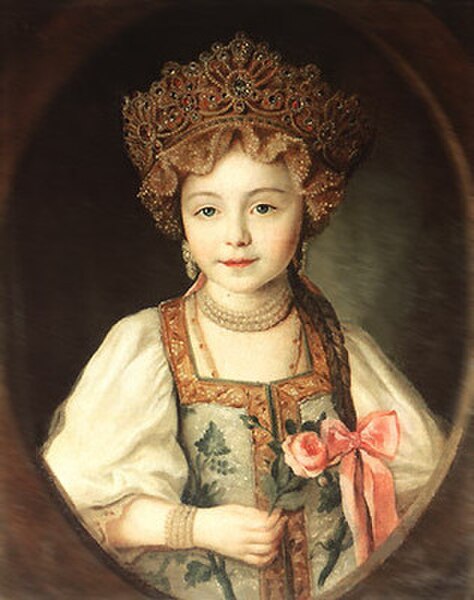 A little Grand Duchess Alexandra Pavlovna dressed in kokoshnik and sarafan, 1790s.