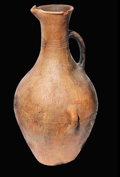 Pottery: an ancient Ingush vessel with three handles. The side handles used to tie the knots, and the vessel itself is well balanced for an operator t