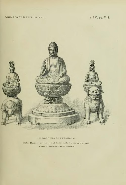Le Bouddha Shakyamouni entre Manjushri sur un lion et Samantabhadra sur un éléphant - Bronzes japonais du musée Guimet