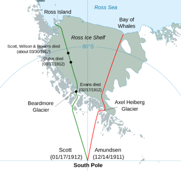 Antarktik: Rute do Južnog pola koje su preduzeli Amundsen (crveno) i njegov rival Skot (zeleno), 1911–1912.