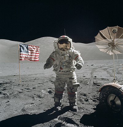 December 14, 1972: Apollo 17 astronaut Eugene Cernan becomes the last person to walk on the Moon Apollo 17 Cernan on moon.jpg