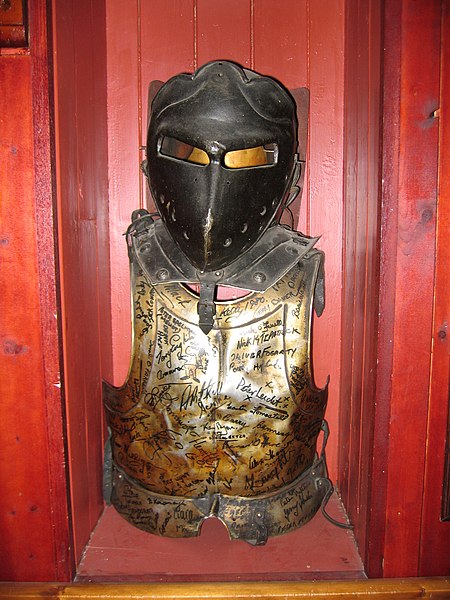 Autographed armor from the movie Excalibur in a pub in Cahir, Ireland, 2004