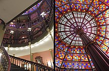 Stained glass dome, and as seen from the ground floor through the spiral staircase Baton Rouge- Louisiane- Etats-Unis. - Dome en vitrail de l'ancien Capitole.jpg