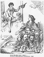 Conseil fédéral suisse 1875, caricature avec Karikatur. Oben: Paul Cérésole, Johann Jakob Scherer, Karl Schenk. Unten: Josef Martin Knüsel, Emil Welti, Eugène Borel, Wilhelm Matthias Naeff