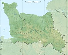 Mapa konturowa Dolnej Normandii, po prawej nieco na dole znajduje się punkt z opisem „źródło”, natomiast u góry nieco na prawo znajduje się punkt z opisem „ujście”