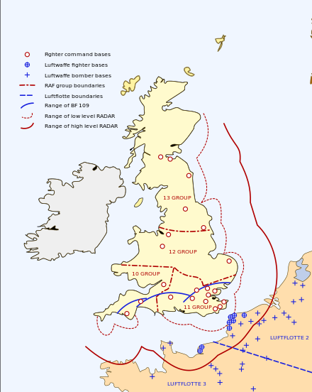 RAF and Luftwaffe bases, group and Luftflotte boundaries, and range of Luftwaffe Bf 109 fighters. Southern part of British radar coverage: radar in North of Scotland not shown.