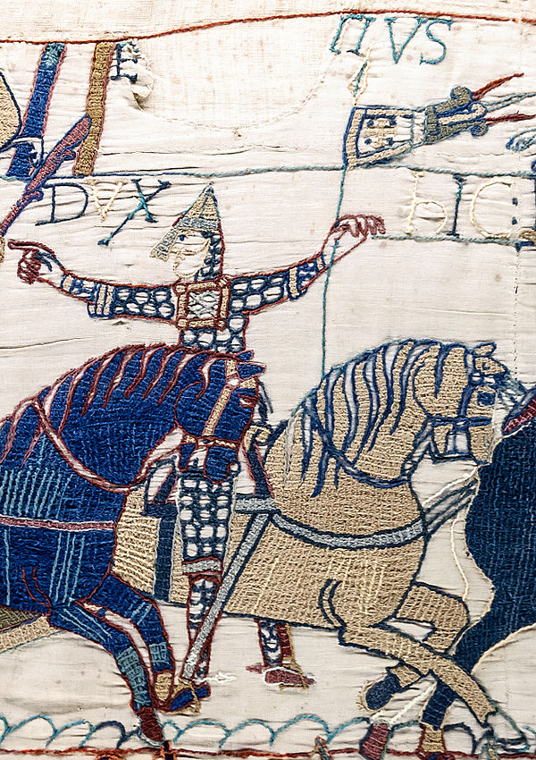 Laid threads, a surface technique in wool on linen. The Bayeux Tapestry, 11th century