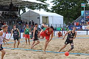 Deutsch: Beachhandball Europameisterschaften 2019 (Beach handball Euro); Tag 6: 7. Juli 2019 – Spiel um Platz Drei, Männer, Ungarn-Russland 2:0 (26:20, 23:22) English: Beach handball Euro; Day 6: 7 July 2019 – Men's Bronze Medal Match – Hungary-Russia 2:0 (26:20, 23:22)