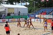 Deutsch: Beachhandball Europameisterschaften 2019 (Beach handball Euro); Tag 2: 3. Juli 2019 – Frauen, Vorrunde Gruppe C, Spanien-Griechenland 2:1 (12:20, 18:16; 8:2) English: Beach handball Euro; Day 2: 3 July 2019 – Women Preliminary Round Group C – Spain-Greece 2:1 (12:20, 18:16; 8:2)