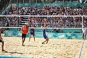 Deutsch: Beachvolleyball bei den Olympischen Jugendspielen 2018; Tag 11, 17. Oktober 2018; Jungen,Finale – Niederlande (Matthew Immers/Yorick de Groot)-Schweden (David Åhman/Jonatan Hellvig) 0:2 (20–22/15–21) English: Beach volleyball at the 2018 Summer Youth Olympics at 17 October 2018 – Final – Netherlands (Matthew Immers/Yorick de Groot)-Sweden (David Åhman/Jonatan Hellvig) 0:2 (20–22/15–21)