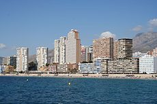 The growth of coastal urbanization has been spectacular, and in many cases has not respected the environment and the coast. In the photo Benidorm, in the province of Alicante. Benidorm desde el mar 02 JMM.JPG