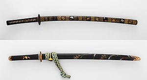 Katana mountings decorated with maki-e lacquer in the 1800s. Although the number of forged swords decreased in the Meiji period, many artistically excellent mountings were made. Blade and Mounting for a Sword (Katana) 4.jpg