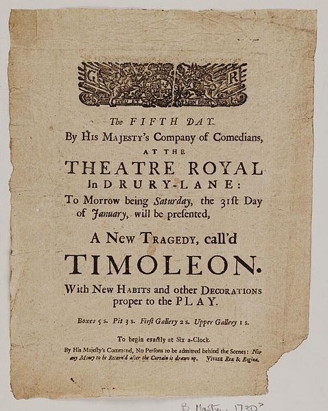 File:Bodleian Libraries, Playbill of Drury Lane Theatre, Saturday, the 31st day of January 1730, announcing Timoleon &c..jpg