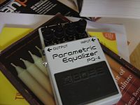 Equalizers are also made in compact pedal-style effect units for use by electric guitarists. This pedal is a parametric equalizer. Boss PQ4 Parametric Equalizer - angled.jpg