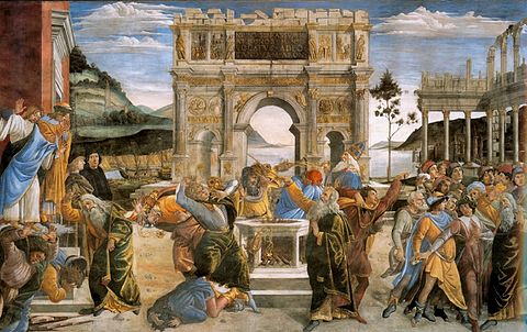 The Punishment of Korah and the Stoning of Moses and Aaron (1480–1482), by Sandro Botticelli, Sistine Chapel, Rome.