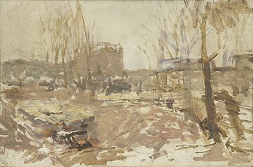 Building Site on the De Clercqstraat label QS:Len,"Building Site on the De Clercqstraat" label QS:Lpl,"Plac budowy na De Clercqstraat" label QS:Lnl,"Bouwterrein aan de De Clercqstraat" 1880-1923. oil on panel medium QS:P186,Q296955;P186,Q106857709,P518,Q861259 . 27.5 × 41 cm (10.8 × 16.1 in). Amsterdam, Rijksmuseum Amsterdam.