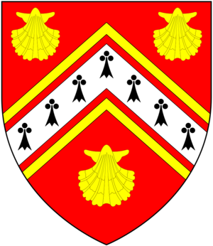 Arms of Browne of Langtree: Gules, a chevron ermine between two chevronells and three escallops or Browne (of Langtree, Devon) Arms.png