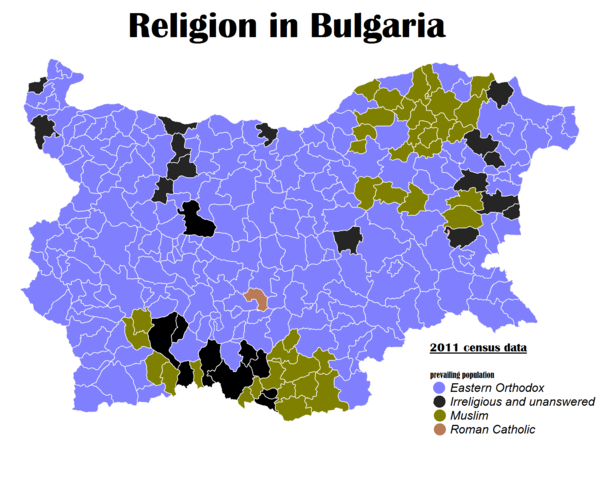 Geographic distribution of religions in Bulgaria, 2011 census.