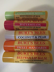 Burts Bees Lip Balm. Top to down: Cucumber Mint, Watermelon, Coconut & Pear, Sweet Mandarin, Original. Burts Bees Lip Balm.jpg