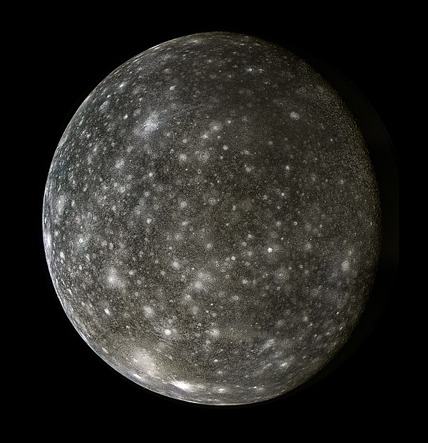 Callisto imaged in approximately true color by the Voyager 2 spacecraft, July 1979