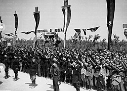 Les chemises noires font le salut fasciste alors que le train de Hiler passe à Mirandola.jpg