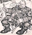 Caricature of Hermann Göring detail with text of "Gestapo reports 2,000,000 Jews executed- Heil Hitler" by Arthur Szyk (1894-1951). We're Running Short of Jews (1943), New York (cropped).jpg