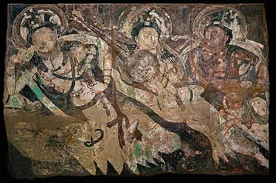 Cave of the Statues, back room mural, over a reclining statue of the Parinirvana Buddha.[132]
