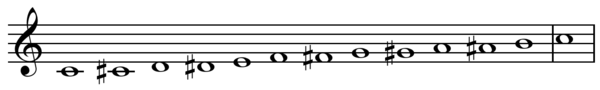 12-tone equal temperament chromatic scale on C, one full octave ascending, notated only with sharps. Play ascending and descending (help·info)